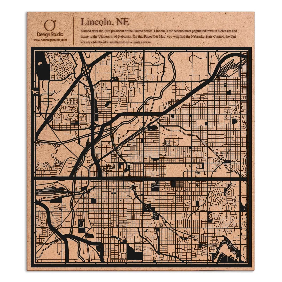 o3designstudio paper cut map Lincoln NE Black map art MU2034B
