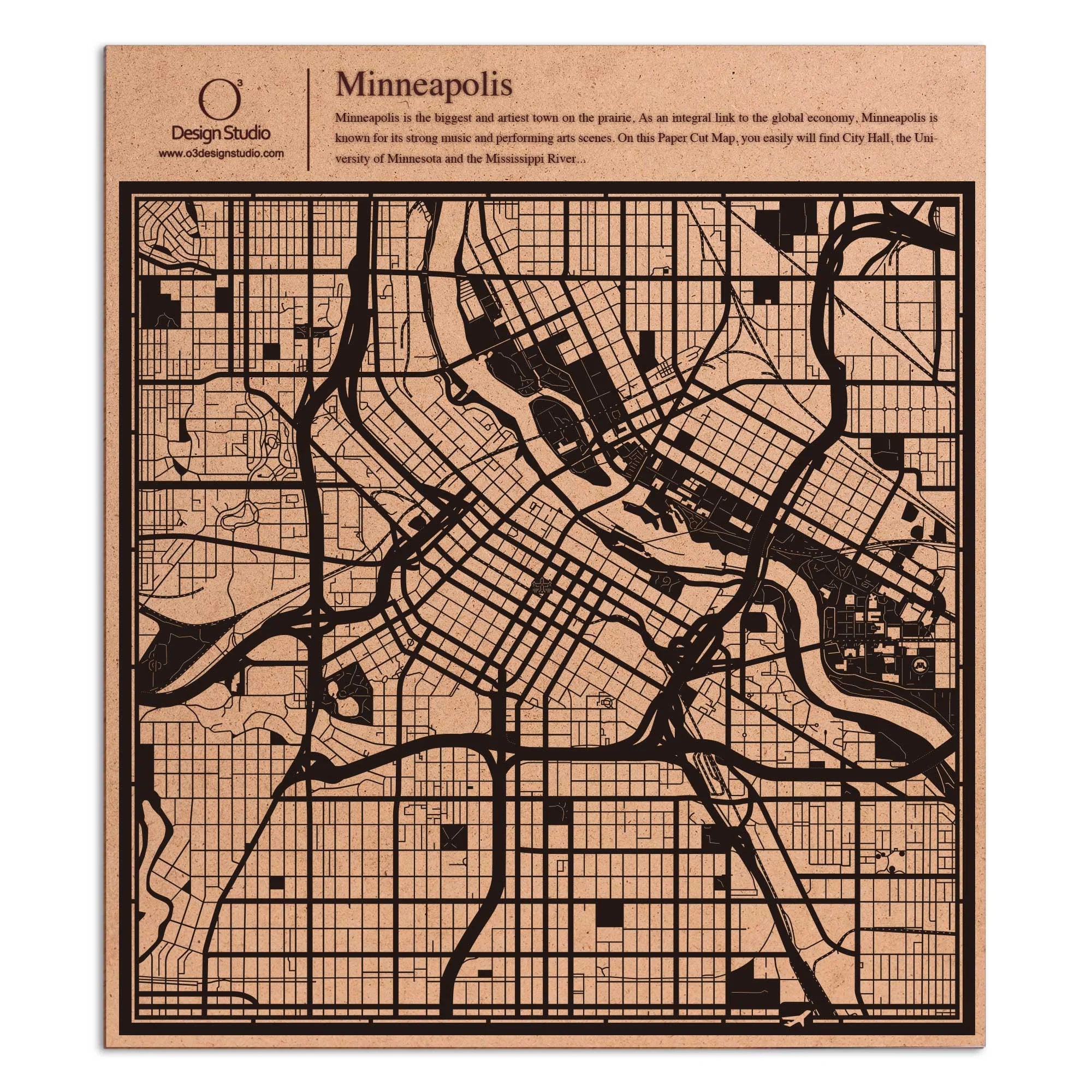 o3designstudio paper cut map Minneapolis Black map art MU2035B