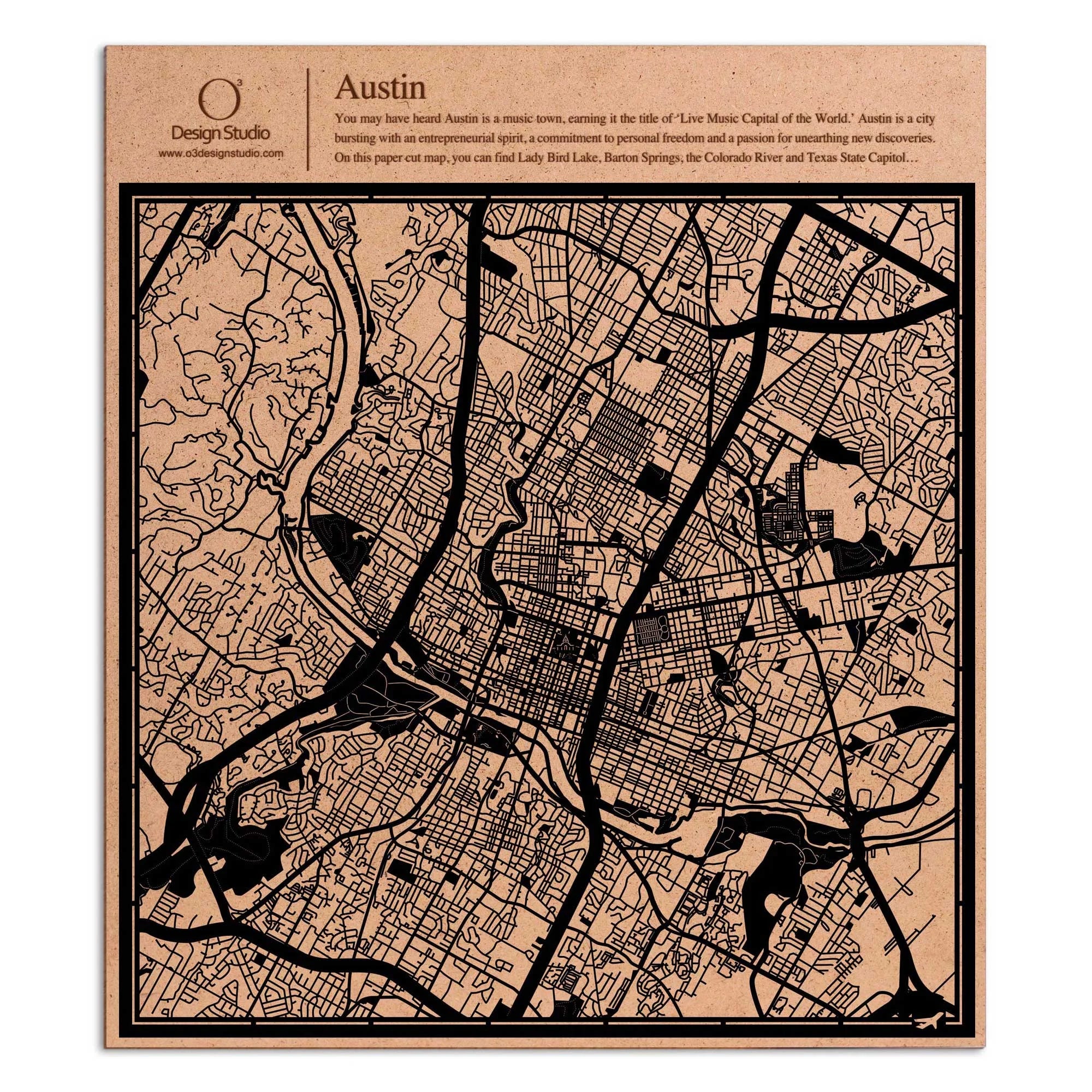 o3designstudio paper cut map Austin Black map art MU2026B