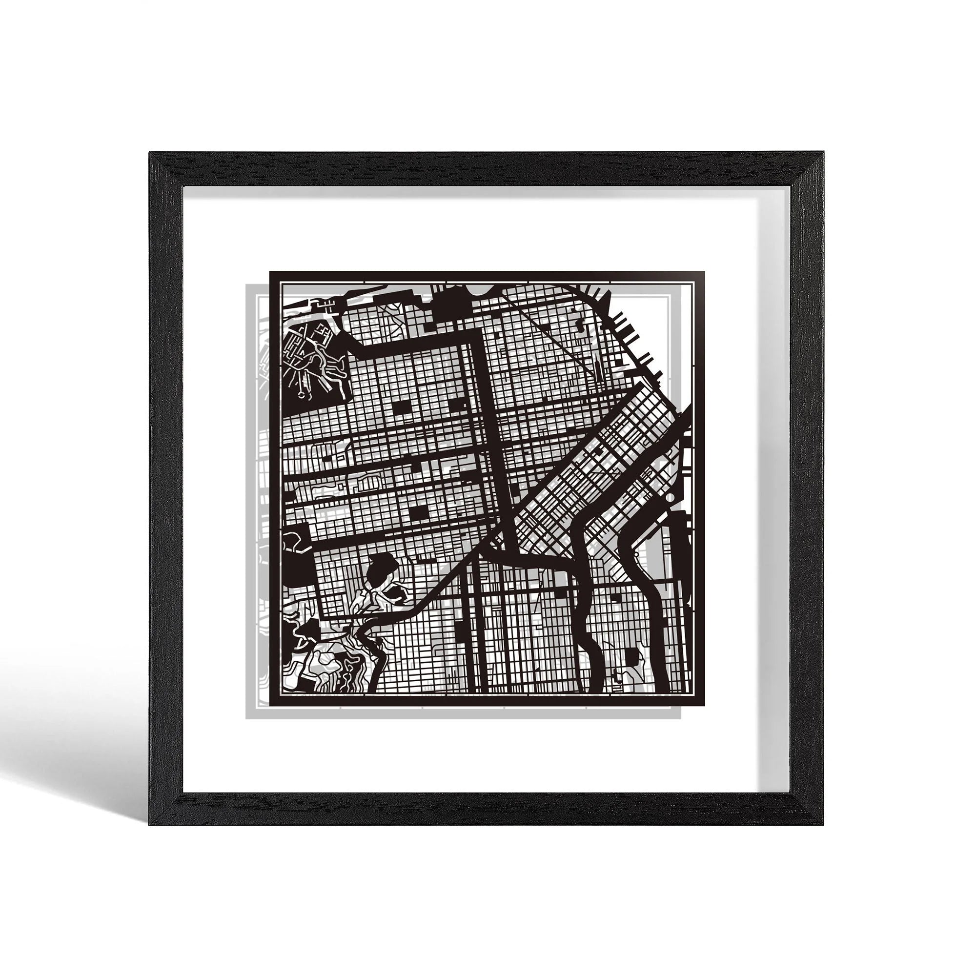o3designstudio San Francisco Paper cut map framed 9 inch Black map Black frame map art 22MF2006BB