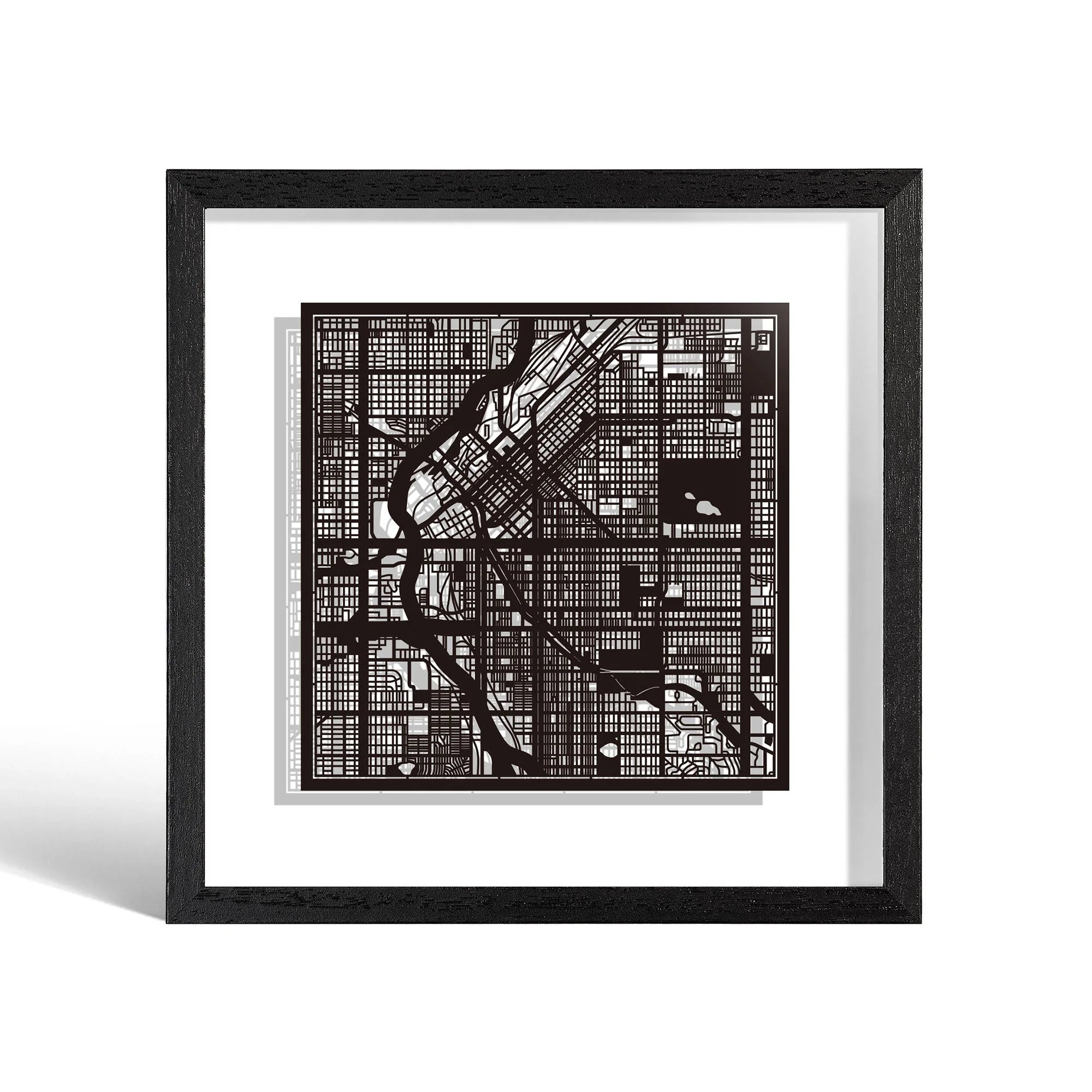 o3designstudio Denver Paper cut map framed 9 inch Black map Black frame map art 22MF2018BB