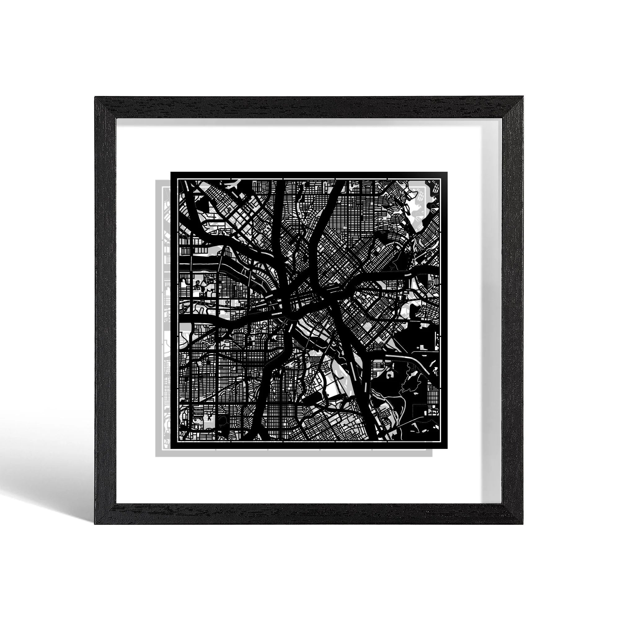 o3designstudio Dallas Paper cut map framed 9 inch Black map Black frame map art 22MF2015BB