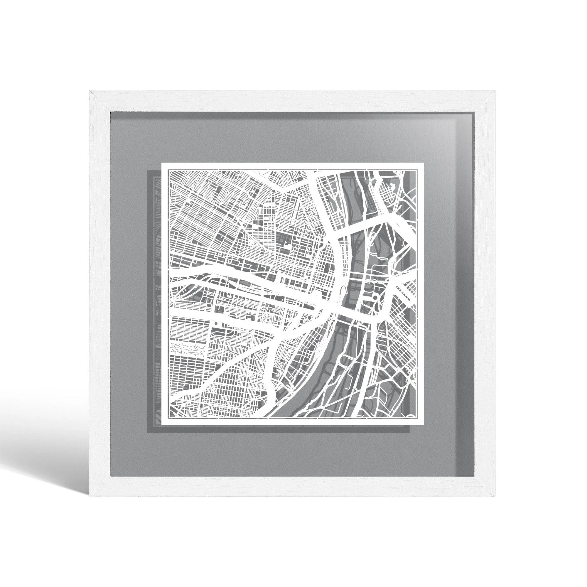 o3designstudio St. Louis, MO Paper cut map framed 9 inch White map White frame map art 22MF2032WW