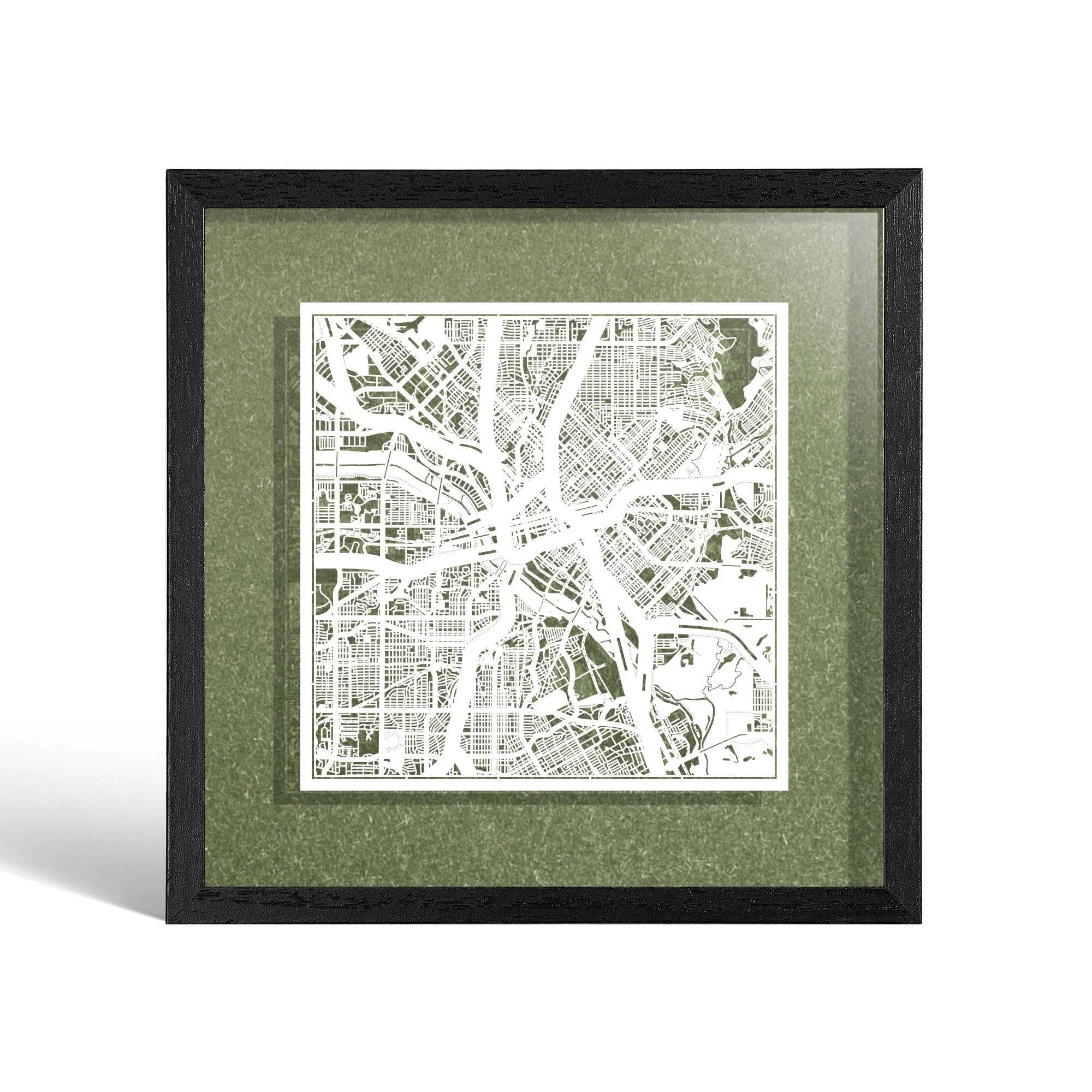 o3designstudio Dallas Paper cut map framed 9 inch White map Black frame map art 22MF2015BW