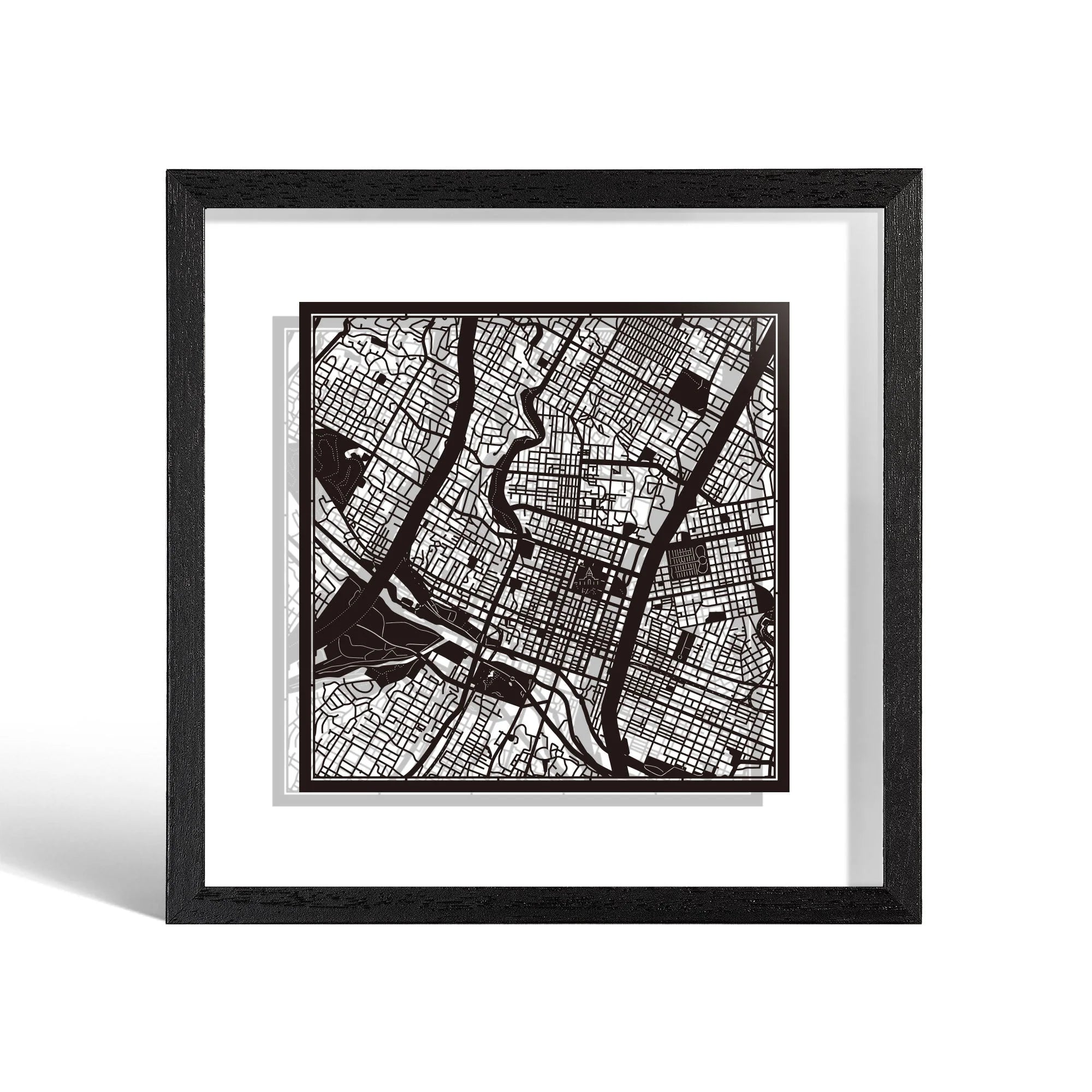 o3designstudio Austin Paper cut map framed 9 inch Black map Black frame map art 22MF2026BB
