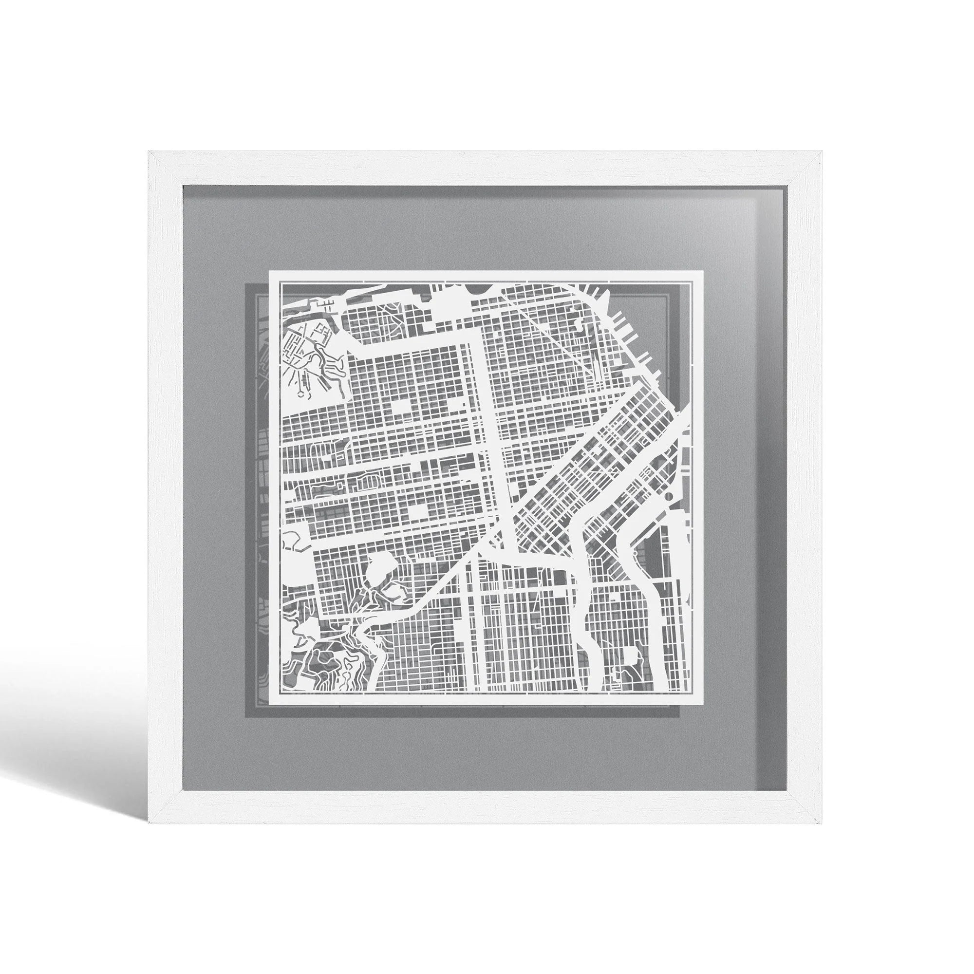 o3designstudio San Francisco Paper cut map framed 9 inch White map White frame map art 22MF2006WW