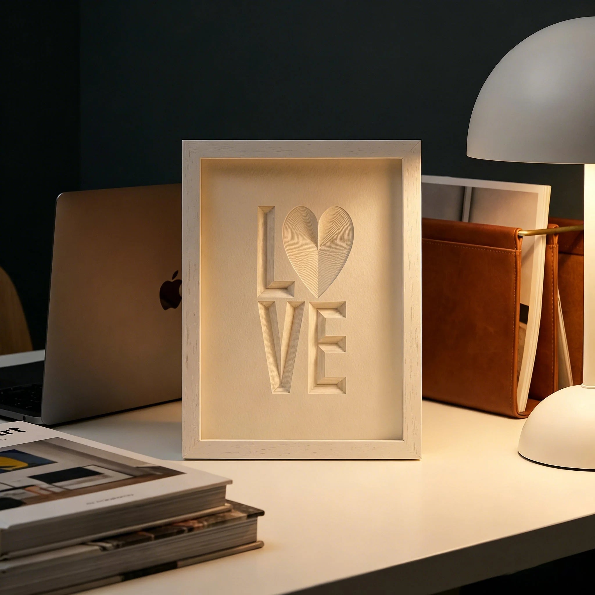 Typography paper art LOVE, Paper Art  IDEAL GIFTS A5 white Frame Close-up view- o3designstudio scene image