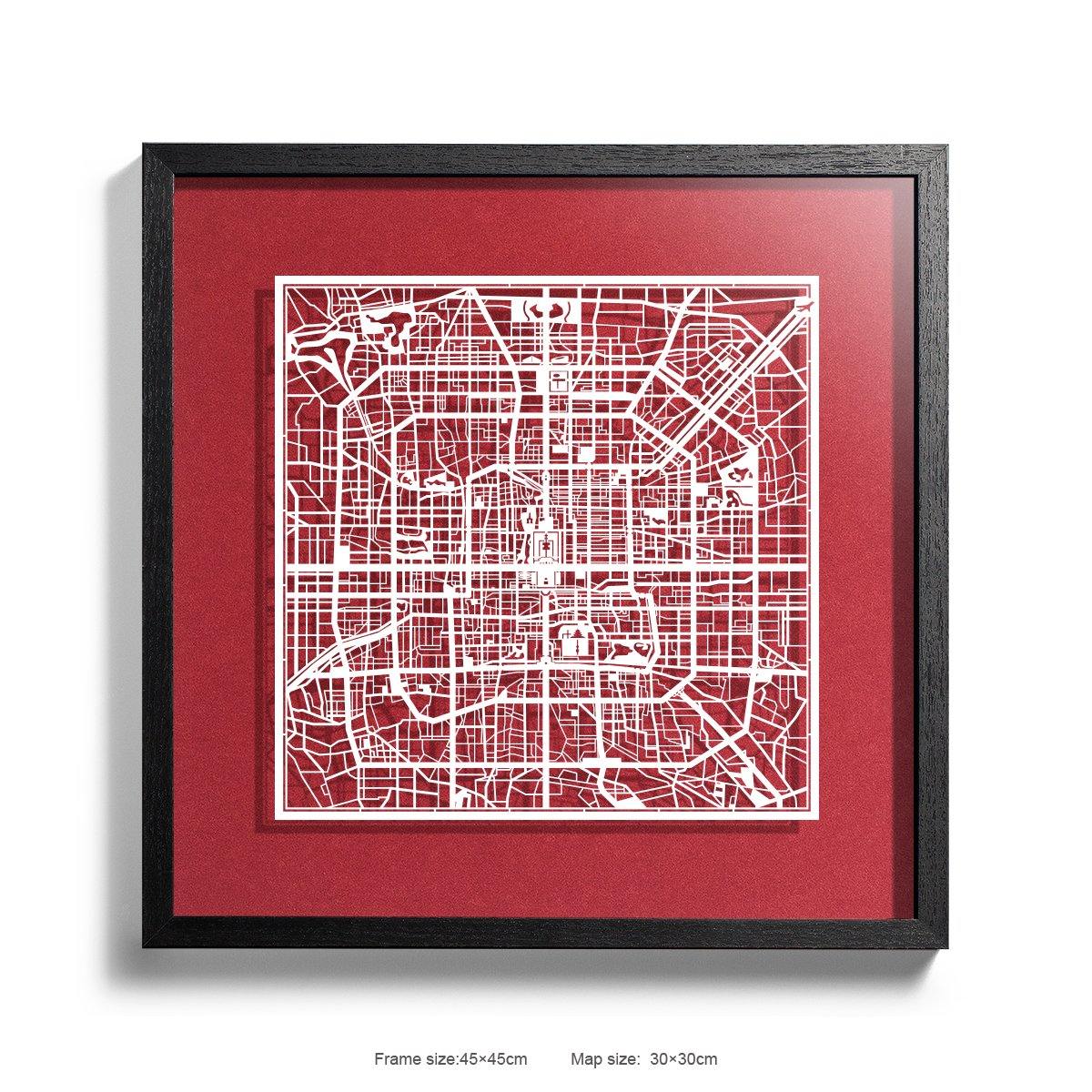 o3designstudio Paper cut map framed  Beijing Red Background color Black frame 45MF1001BWn-2 map art 45MF1001BWn-2