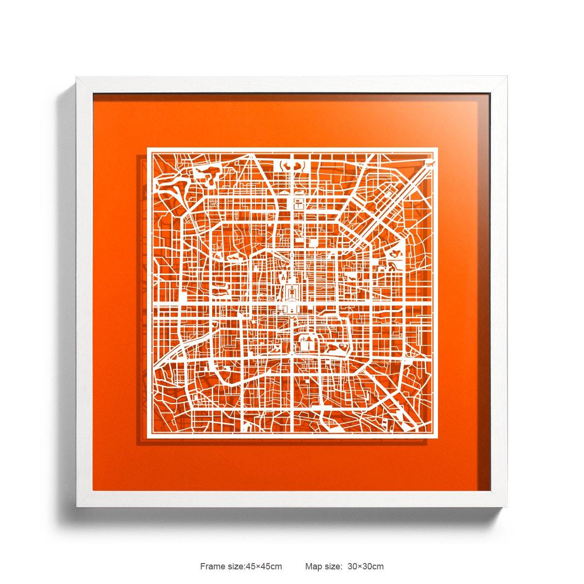 o3designstudio Paper cut map framed  Beijing OrangRed Background color White frame 45MF1001WWn-3 map art 45MF1001WWn-3