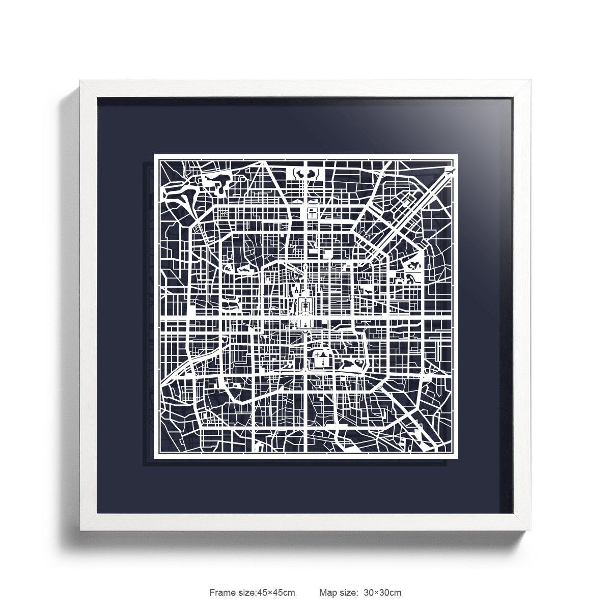 o3designstudio Paper cut map framed  Beijing MidnightBlue Background color White frame 45MF1001WWn-4 map art 45MF1001WWn-4