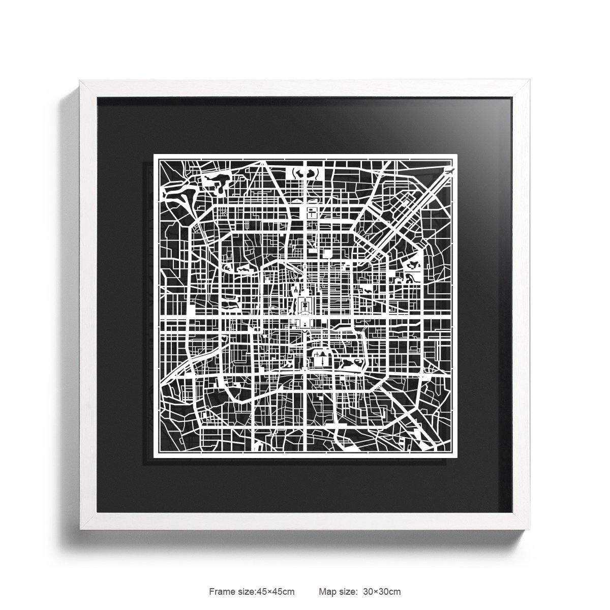 o3designstudio Paper cut map framed  Beijing Black Background color White frame 45MF1001WWn-7 map art 45MF1001WWn-7