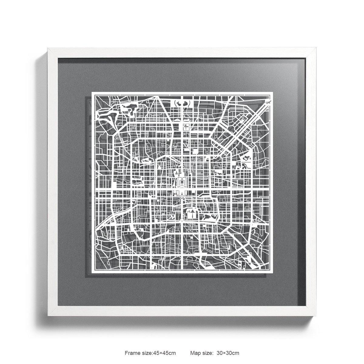 o3designstudio Paper cut map framed  Beijing Gray Background color White frame 45MF1001WWn-8 map art 45MF1001WWn-8