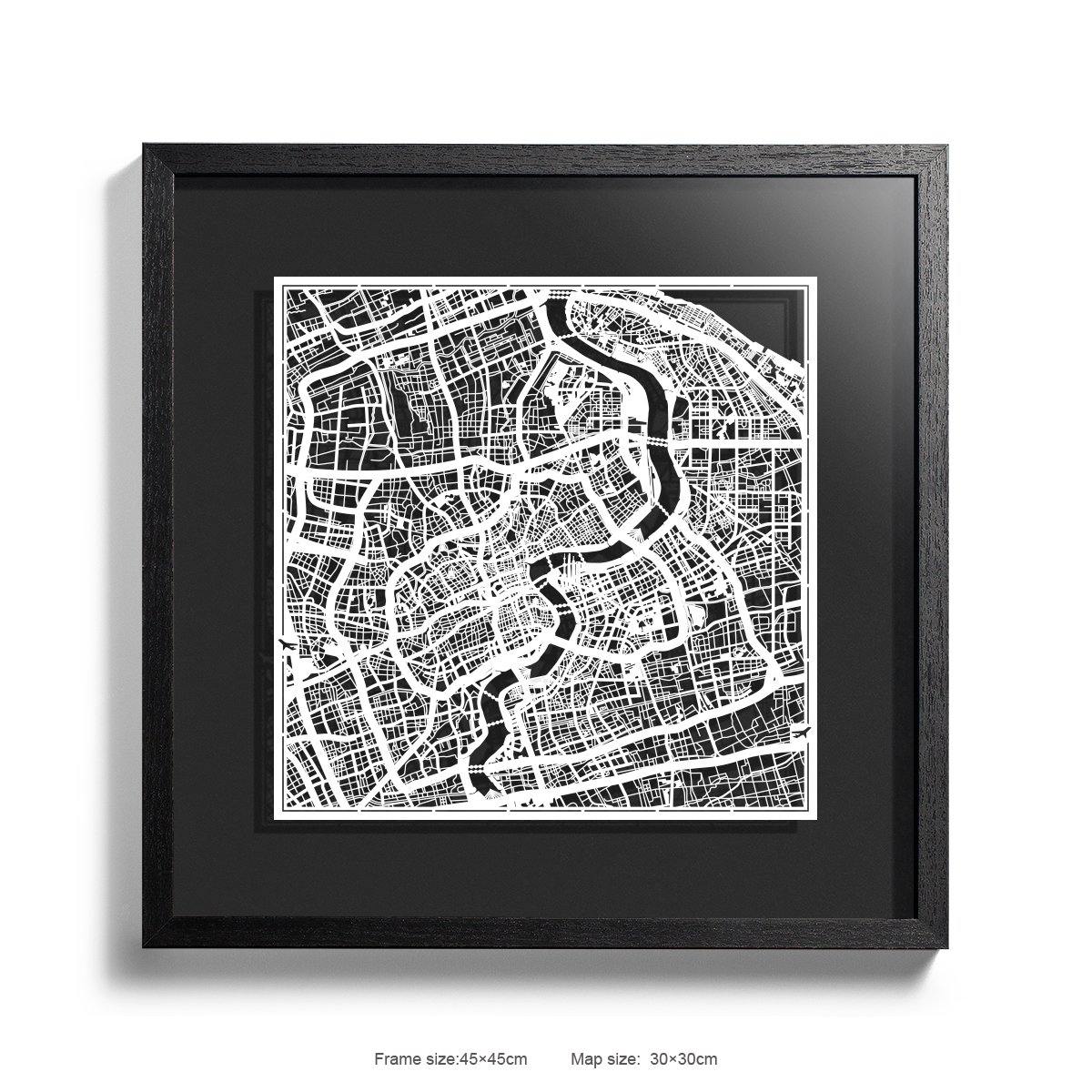 o3designstudio Paper cut map framed  Shanghai Black Background color Black frame 45MF1002BWn-7 map art 45MF1002BWn-7