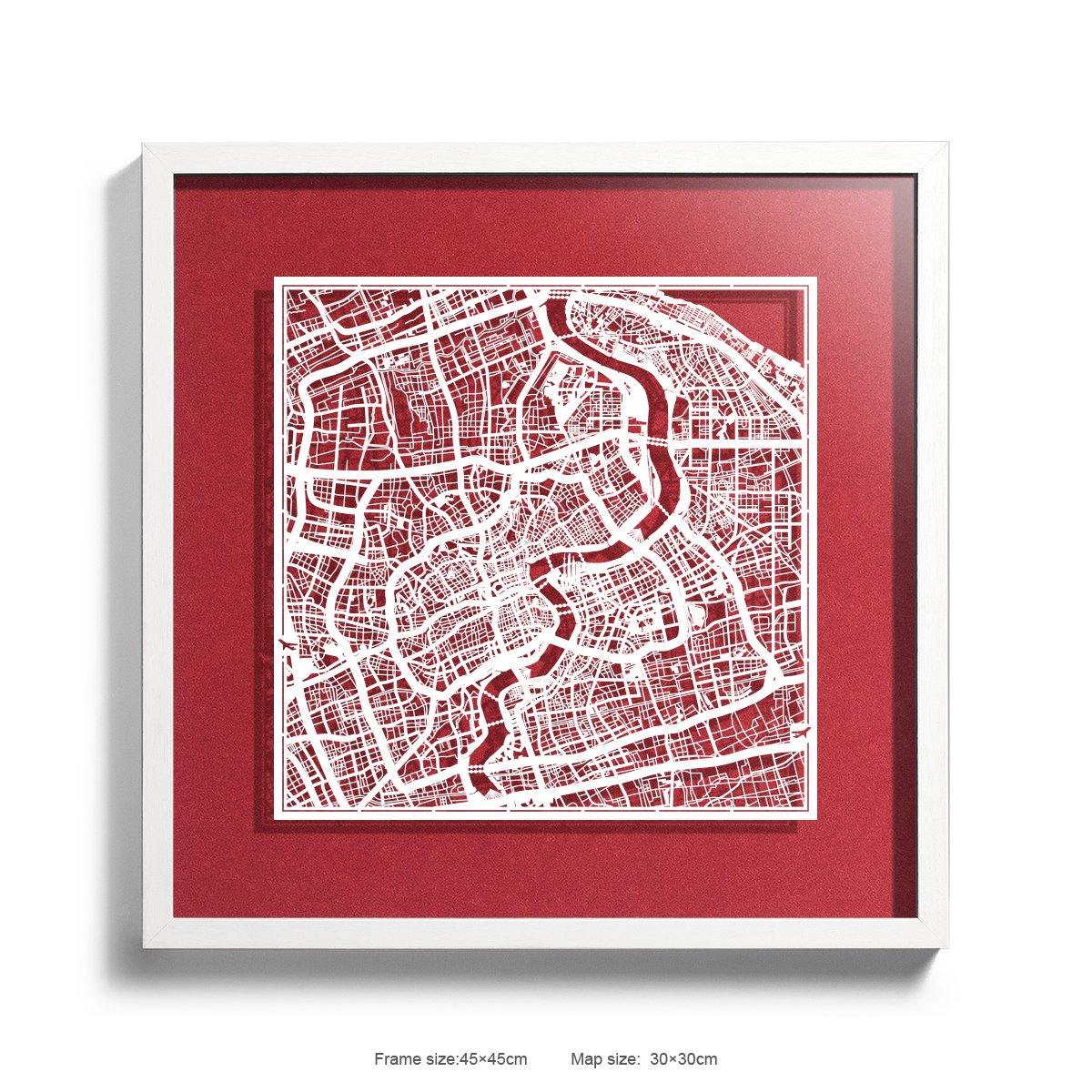 o3designstudio Paper cut map framed  Shanghai Red Background color White frame 45MF1002WWn-2 map art 45MF1002WWn-2