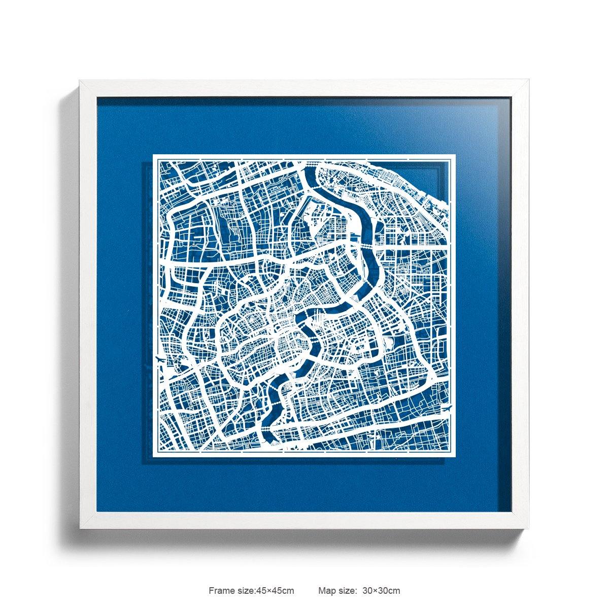 o3designstudio Paper cut map framed  Shanghai RoyalBlue Background color White frame 45MF1002WWn-5 map art 45MF1002WWn-5