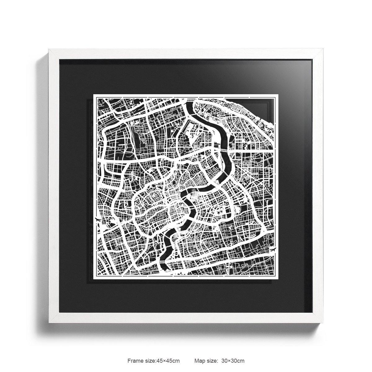 o3designstudio Paper cut map framed  Shanghai Black Background color White frame 45MF1002WWn-7 map art 45MF1002WWn-7