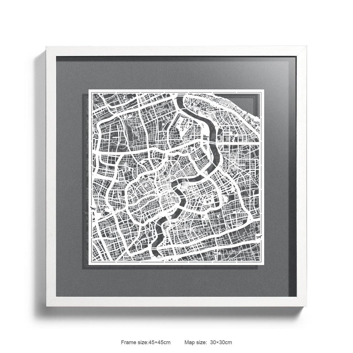 o3designstudio Paper cut map framed  Shanghai Gray Background color White frame 45MF1002WWn-8 map art 45MF1002WWn-8