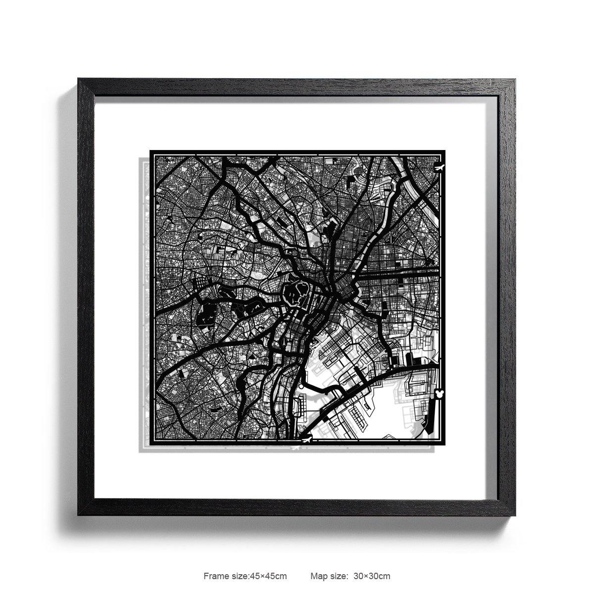 o3designstudio Paper cut maps framed  Tokyo White Background color Black frame map art 45MF1003BBn-0