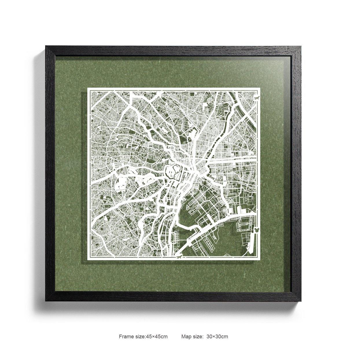 o3designstudio Paper cut maps framed  Tokyo Green Background color Black frame map art 45MF1003BWn-13