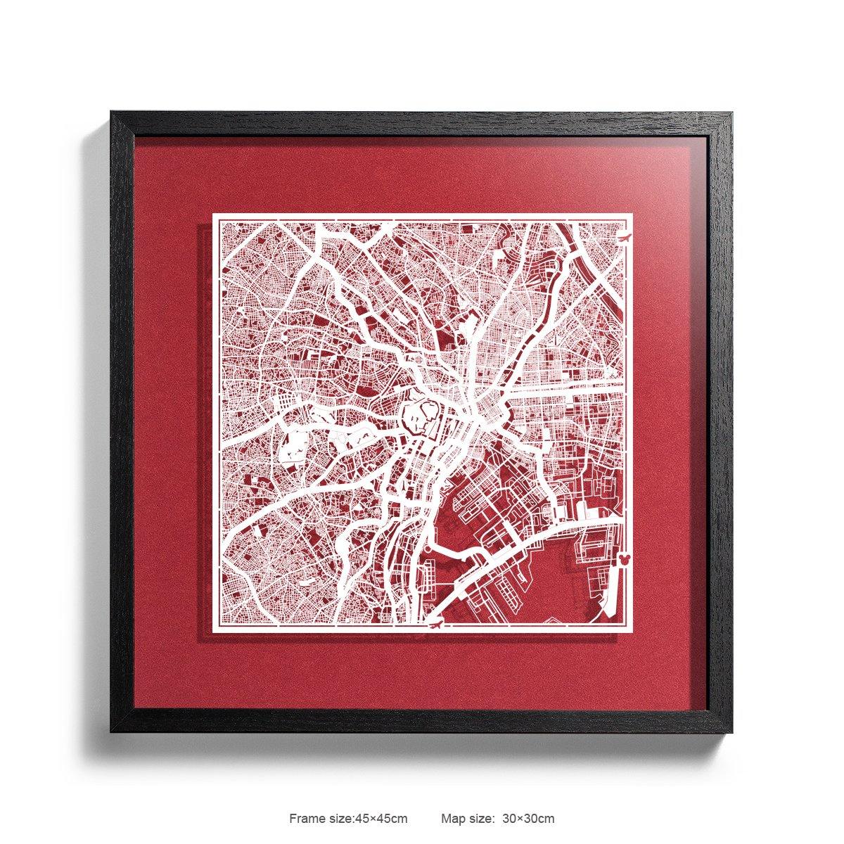 o3designstudio Paper cut maps framed  Tokyo Red Background color Black frame map art 45MF1003BWn-2