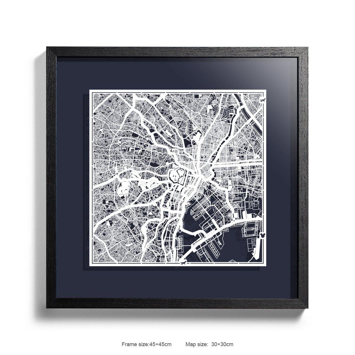 o3designstudio Paper cut maps framed  Tokyo MidnightBlue Background color Black frame map art 45MF1003BWn-4