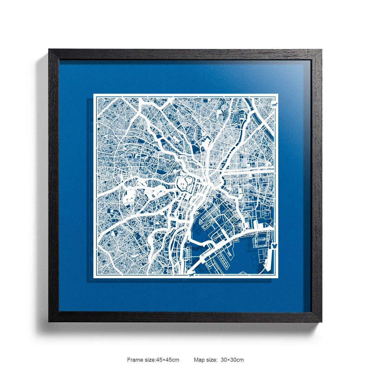 o3designstudio Paper cut maps framed  Tokyo RoyalBlue Background color Black frame map art 45MF1003BWn-5