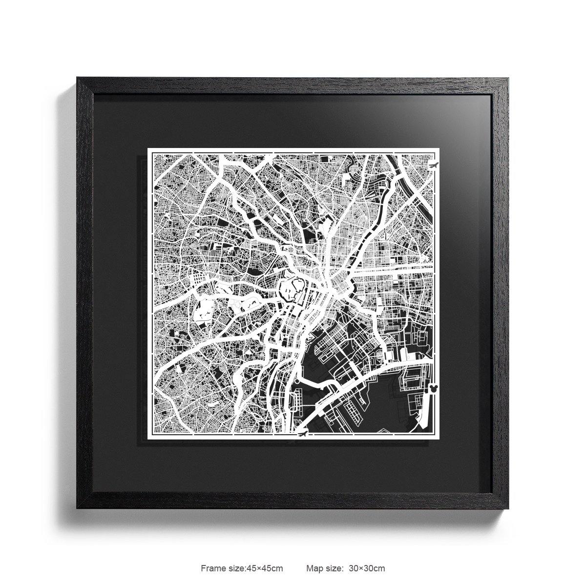 o3designstudio Paper cut maps framed  Tokyo Black Background color Black frame map art 45MF1003BWn-7