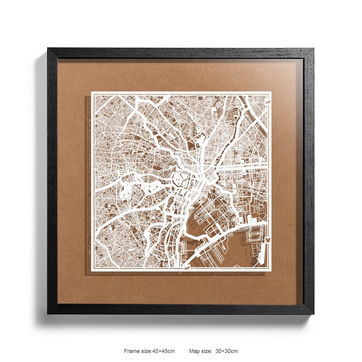 o3designstudio Paper cut maps framed  Tokyo Carft Background color Black frame map art 45MF1003BWn-9