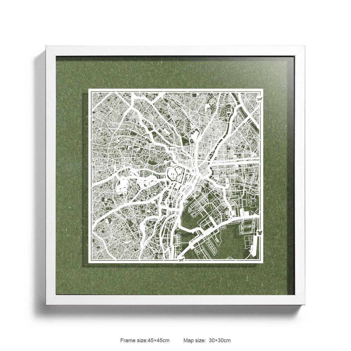 o3designstudio Paper cut maps framed  Tokyo Green Background color White frame map art 45MF1003WWn-13