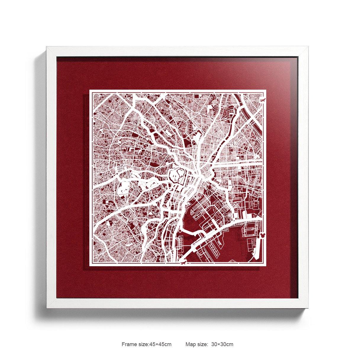 o3designstudio Paper cut maps framed  Tokyo DarkRed Background color White frame map art 45MF1003WWn-1