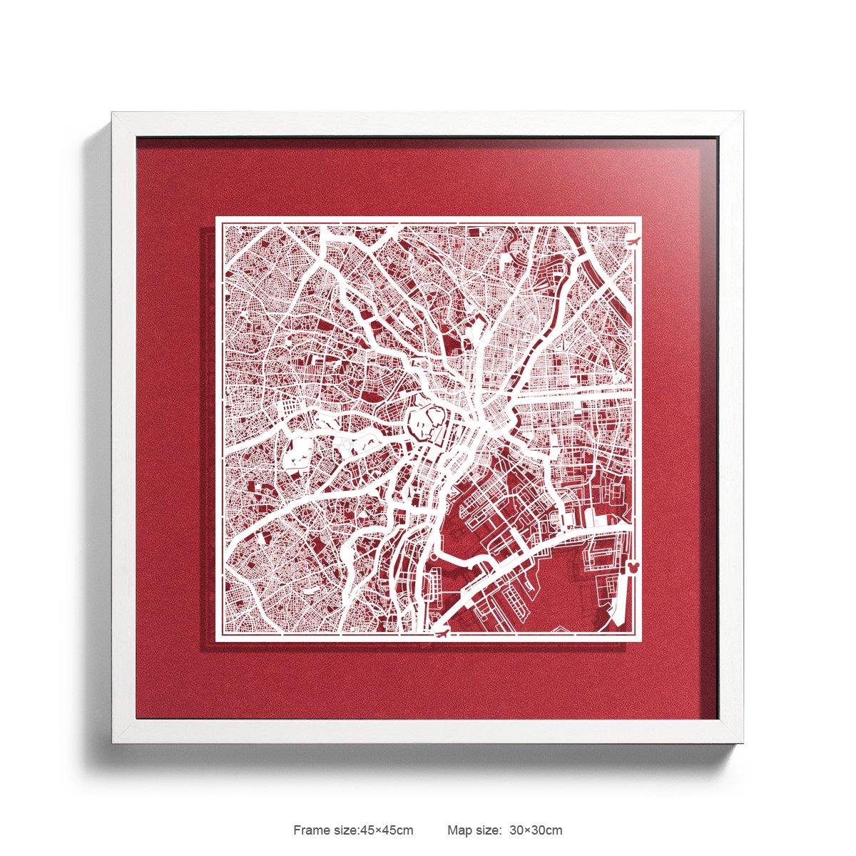 o3designstudio Paper cut maps framed  Tokyo Red Background color White frame map art 45MF1003WWn-2
