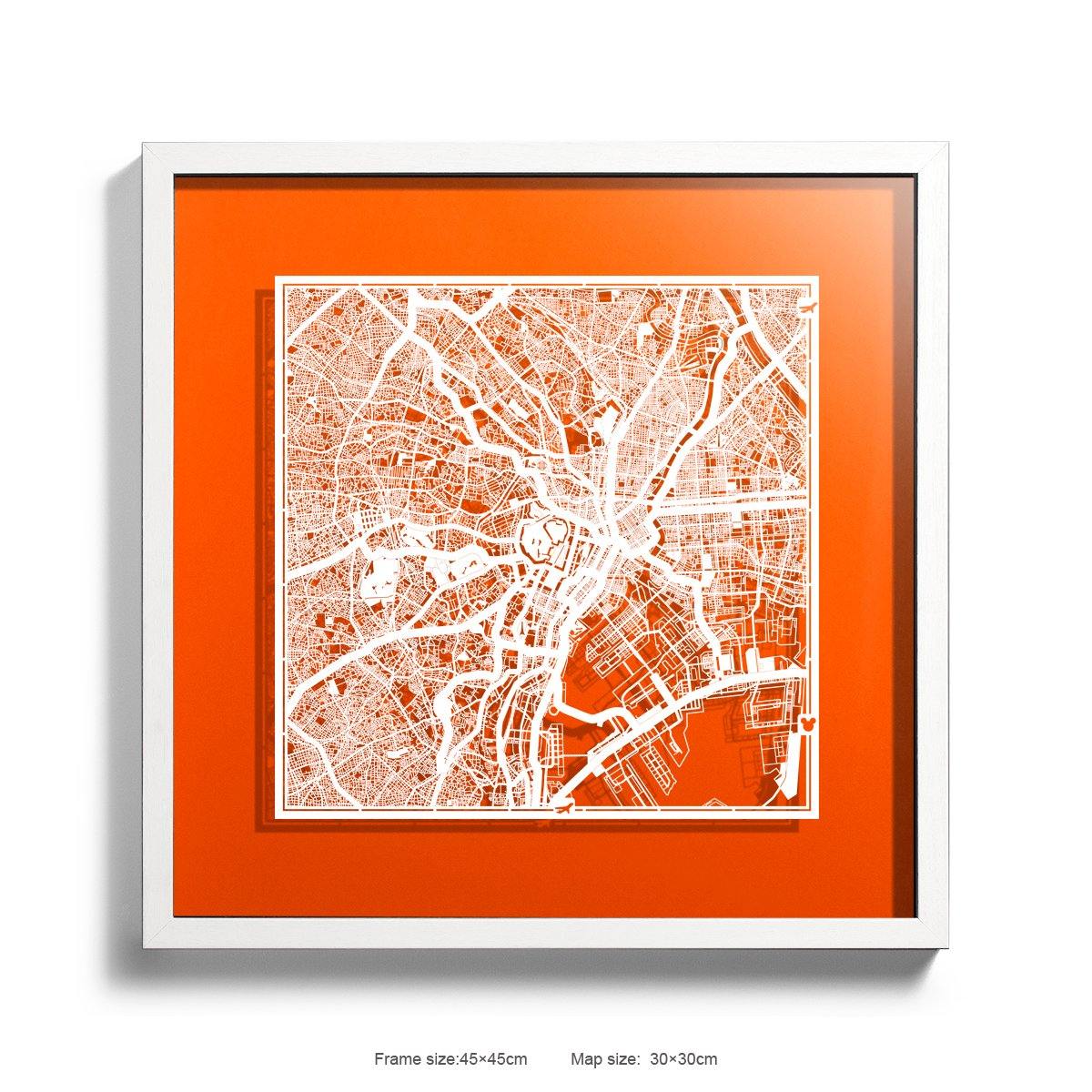 o3designstudio Paper cut maps framed  Tokyo OrangRed Background color White frame map art 45MF1003WWn-3
