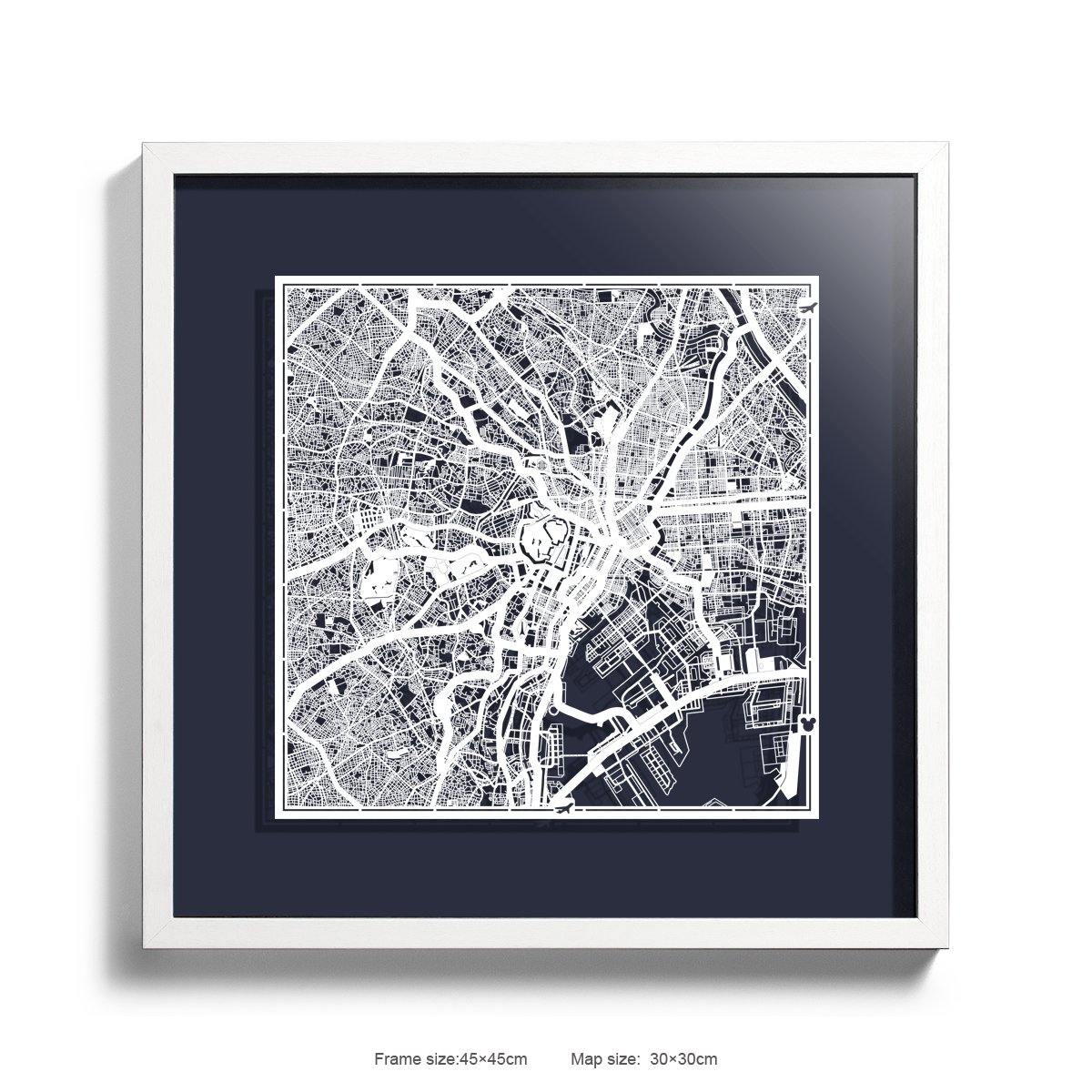 o3designstudio Paper cut maps framed  Tokyo MidnightBlue Background color White frame map art 45MF1003WWn-4