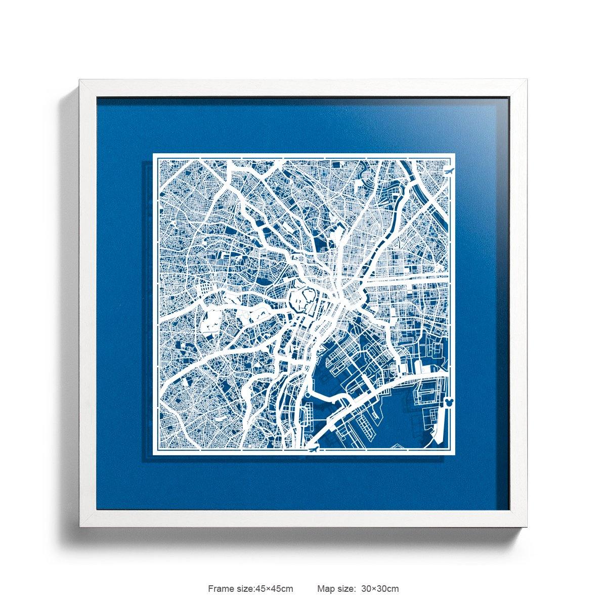 o3designstudio Paper cut maps framed  Tokyo RoyalBlue Background color White frame map art 45MF1003WWn-5