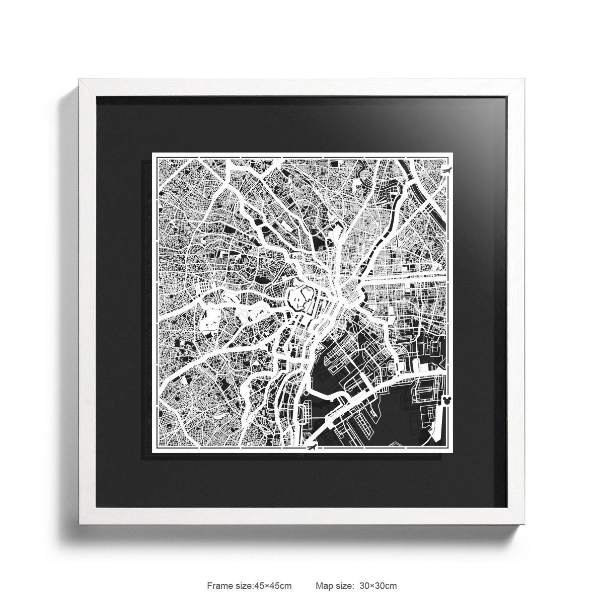 o3designstudio Paper cut maps framed  Tokyo Black Background color White frame map art 45MF1003WWn-7