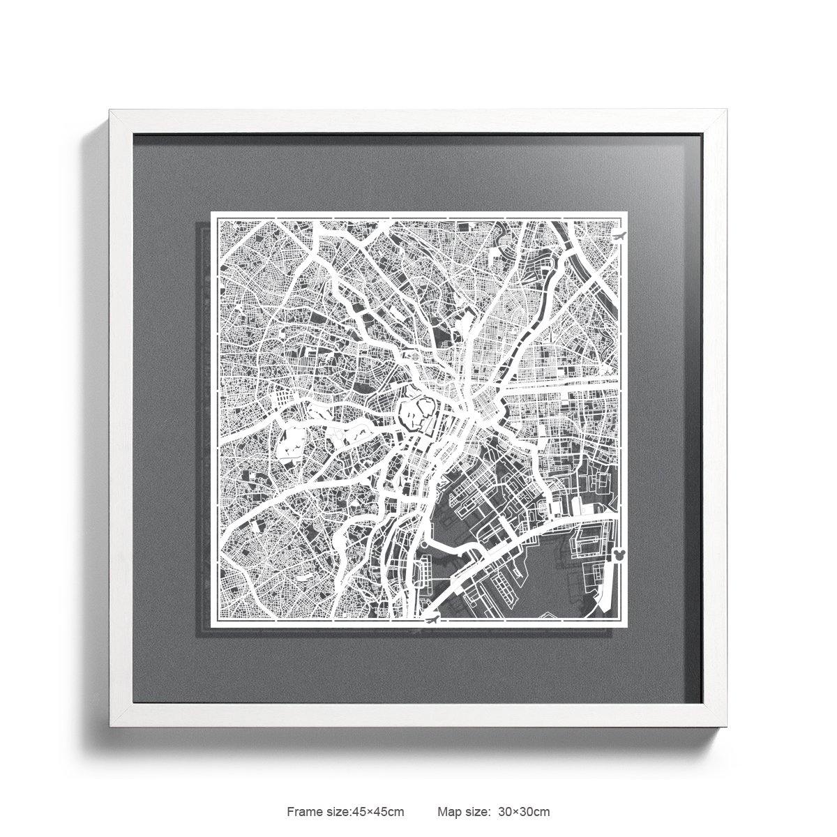 o3designstudio Paper cut maps framed  Tokyo Gray Background color White frame map art 45MF1003WWn-8