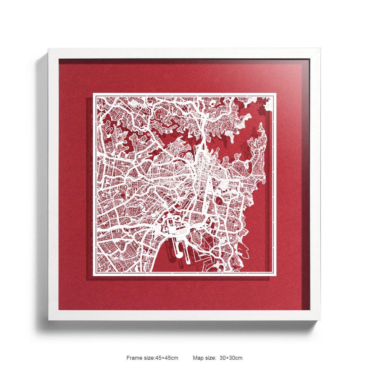 o3designstudio Paper cut maps framed  Sydney Red Background color White frame map art 45MF1004WWn-2