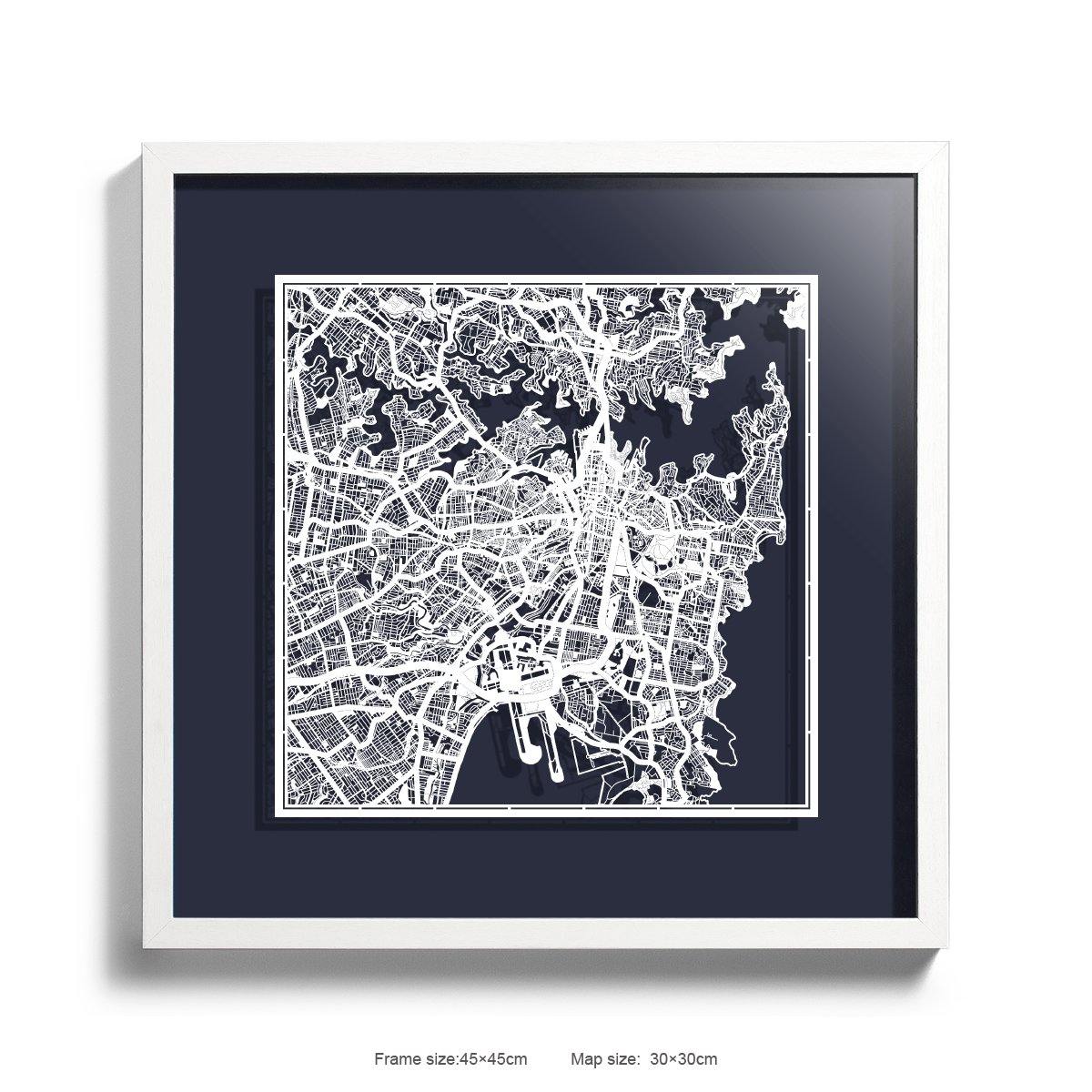 o3designstudio Paper cut maps framed  Sydney MidnightBlue Background color White frame map art 45MF1004WWn-4
