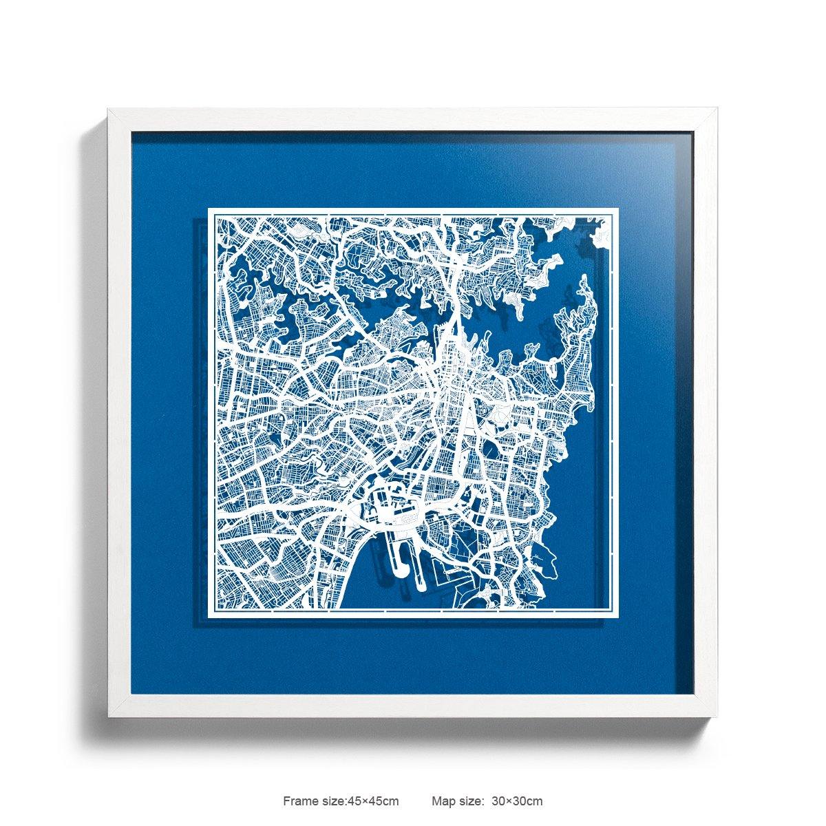 o3designstudio Paper cut maps framed  Sydney RoyalBlue Background color White frame map art 45MF1004WWn-5