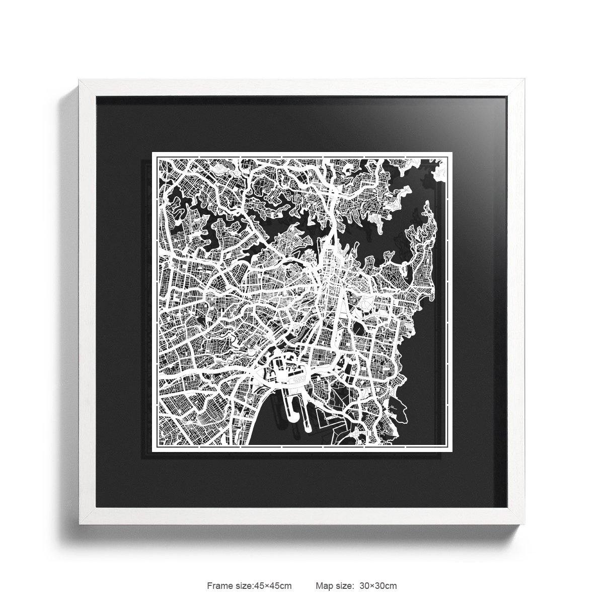 o3designstudio Paper cut maps framed  Sydney Black Background color White frame map art 45MF1004WWn-7