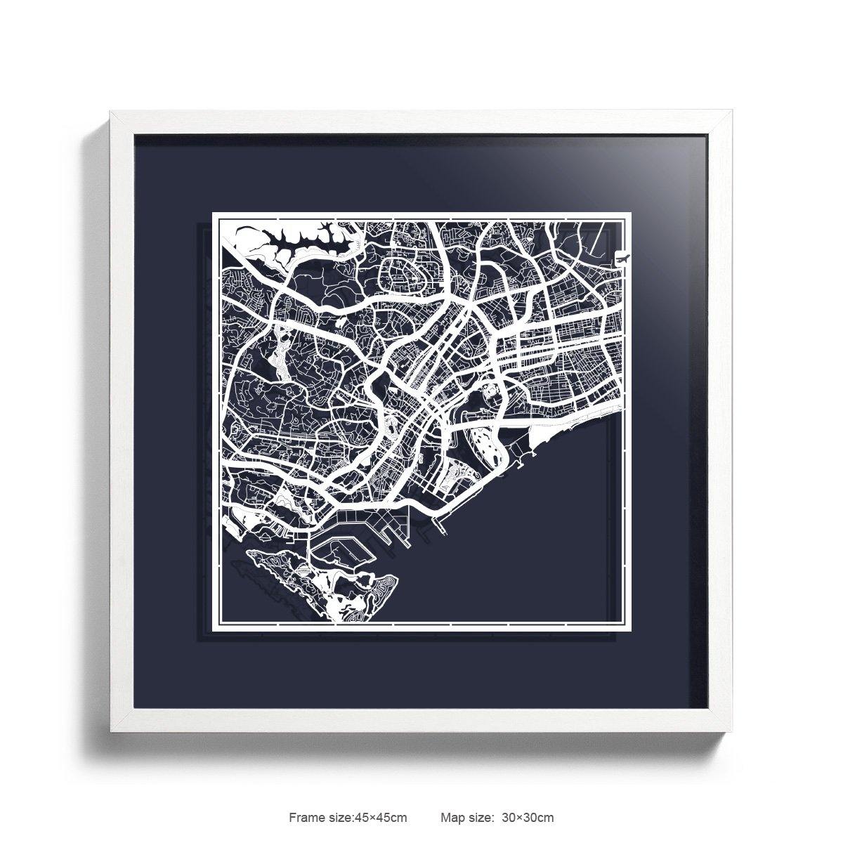 o3designstudio Paper cut maps framed  Singapore MidnightBlue Background color White frame map art 45MF1011WWn-4