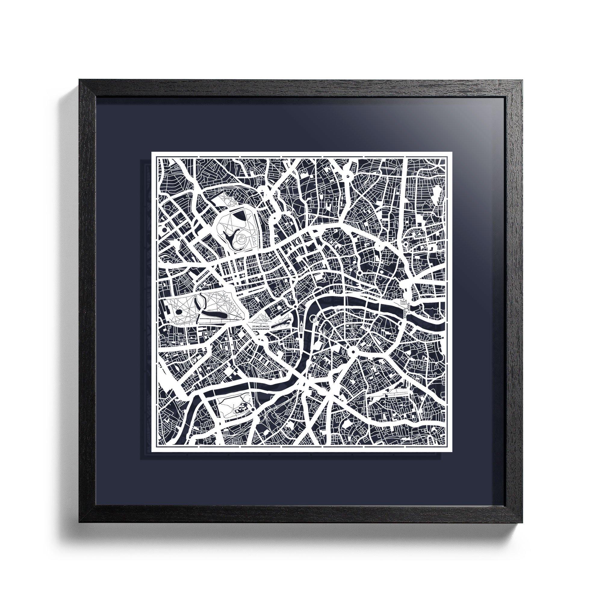 o3designstudio Paper cut maps framed  London MidnightBlue Background color Black frame map art 45MF3001BWn-4