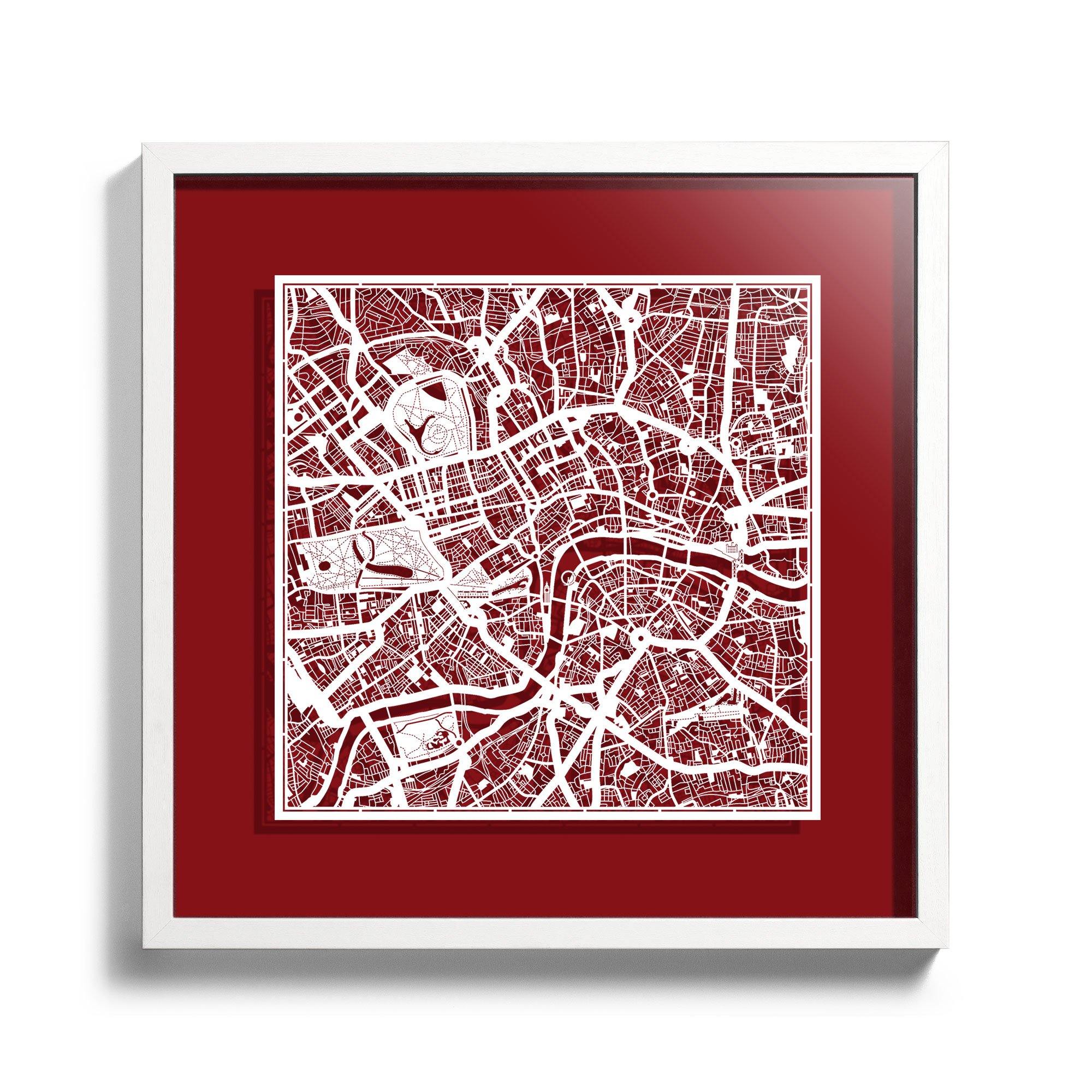 o3designstudio Paper cut maps framed  London DarkRed Background color White frame map art 45MF3001WWn-1