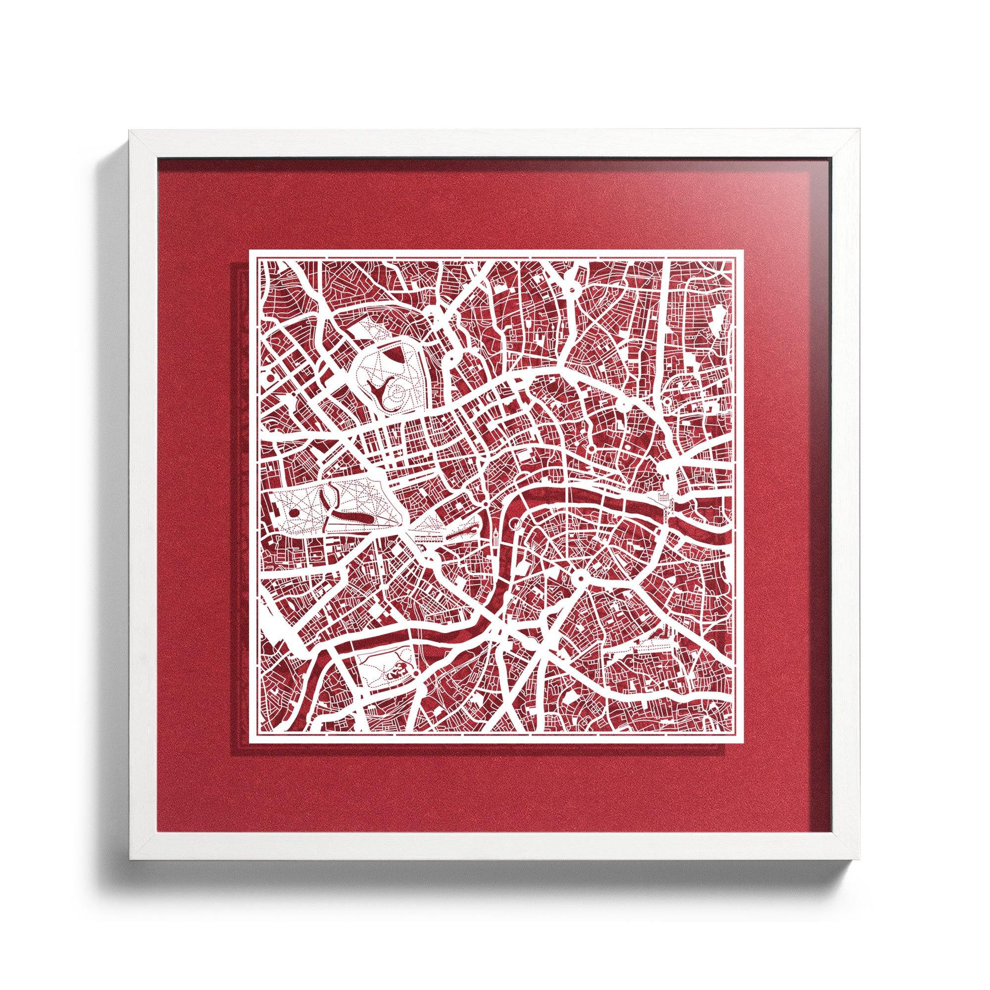 o3designstudio Paper cut maps framed  London Red Background color White frame map art 45MF3001WWn-2