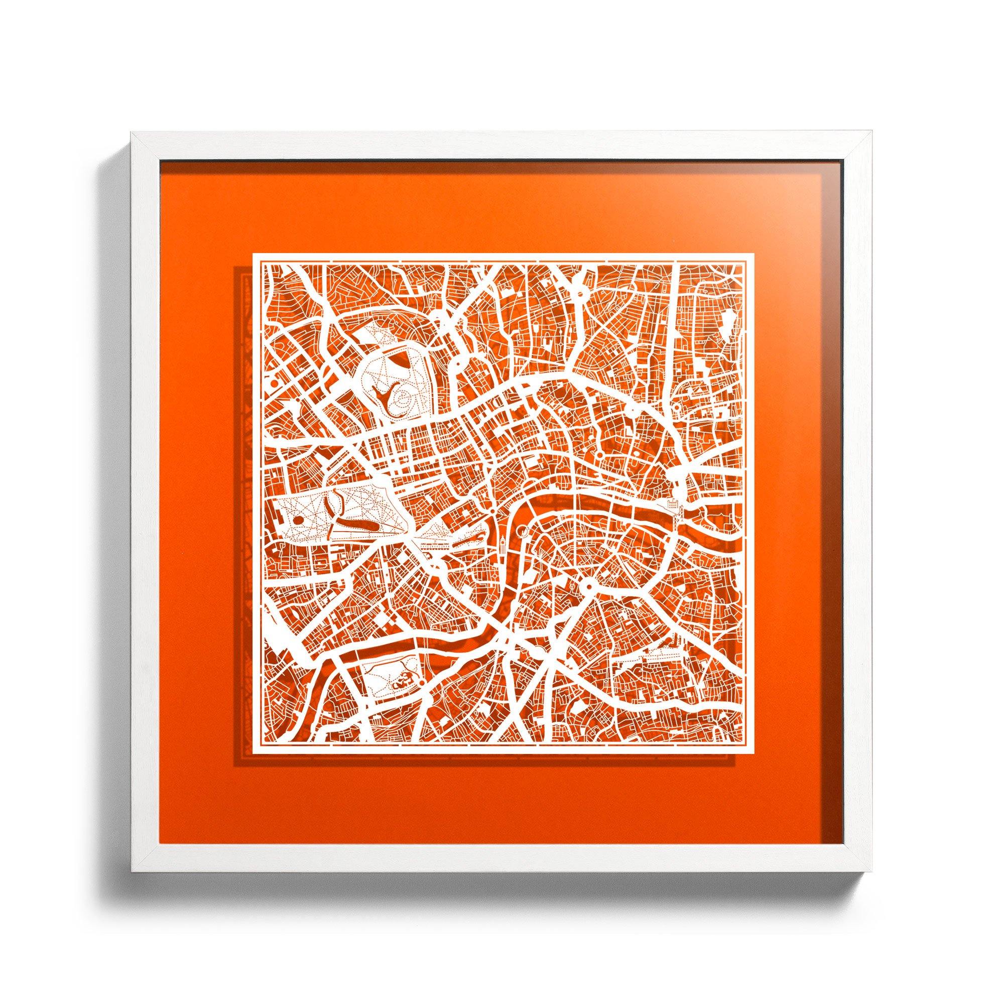 o3designstudio Paper cut maps framed  London OrangRed Background color White frame map art 45MF3001WWn-3