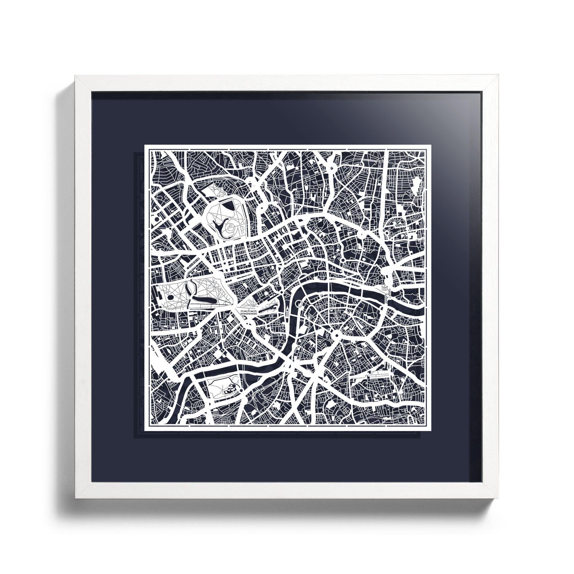 o3designstudio Paper cut maps framed  London MidnightBlue Background color White frame map art 45MF3001WWn-4