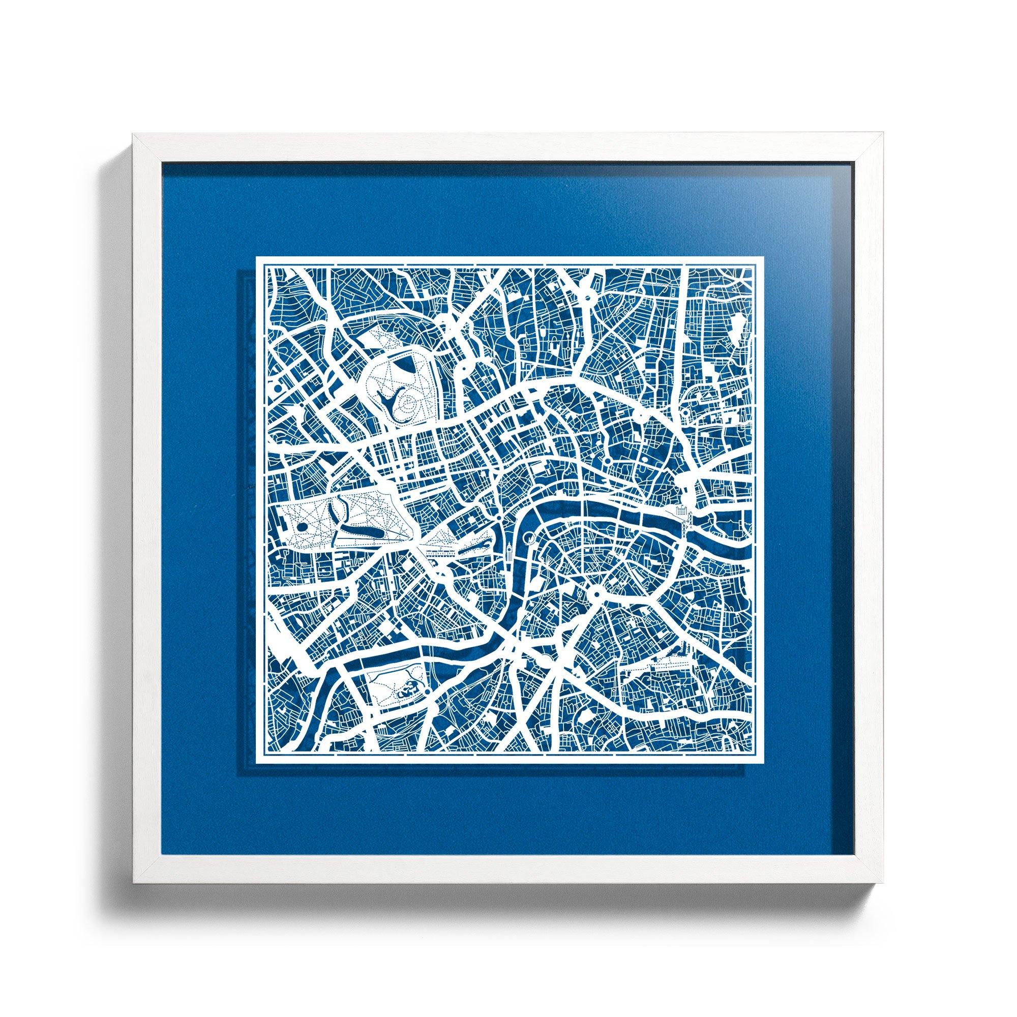 o3designstudio Paper cut maps framed  London RoyalBlue Background color White frame map art 45MF3001WWn-5
