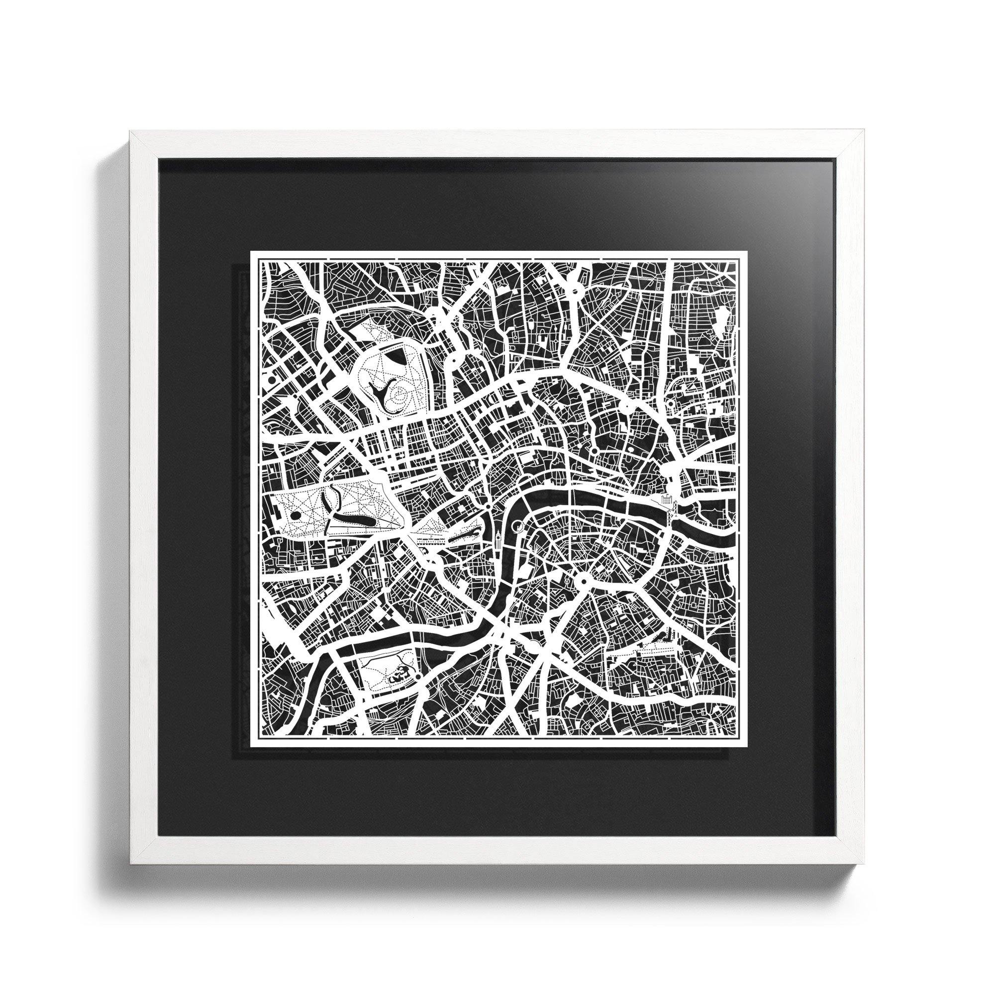 o3designstudio Paper cut maps framed  London Black Background color White frame map art 45MF3001WWn-7