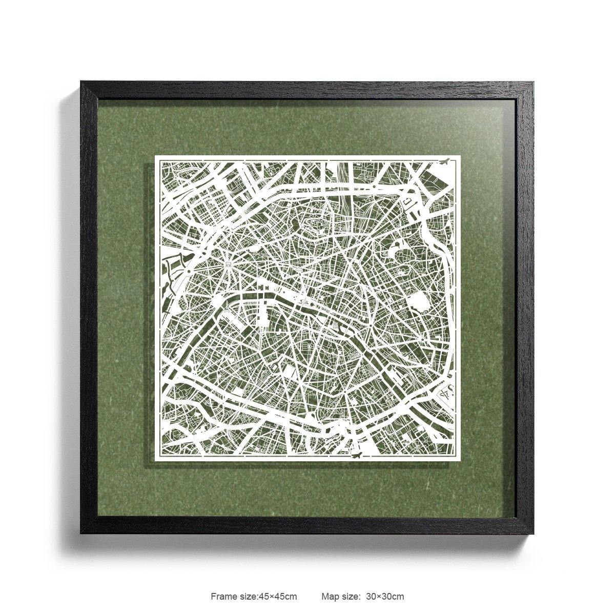 o3designstudio Paper cut maps framed  Paris Green Background color Black frame map art 45MF3002BWn-13