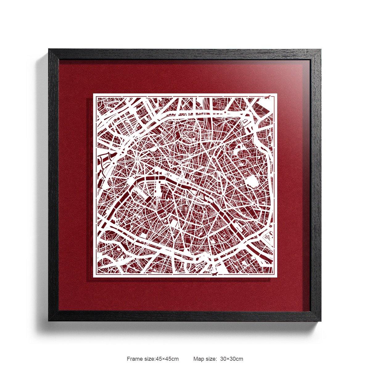 o3designstudio Paper cut maps framed  Paris DarkRed Background color Black frame map art 45MF3002BWn-1
